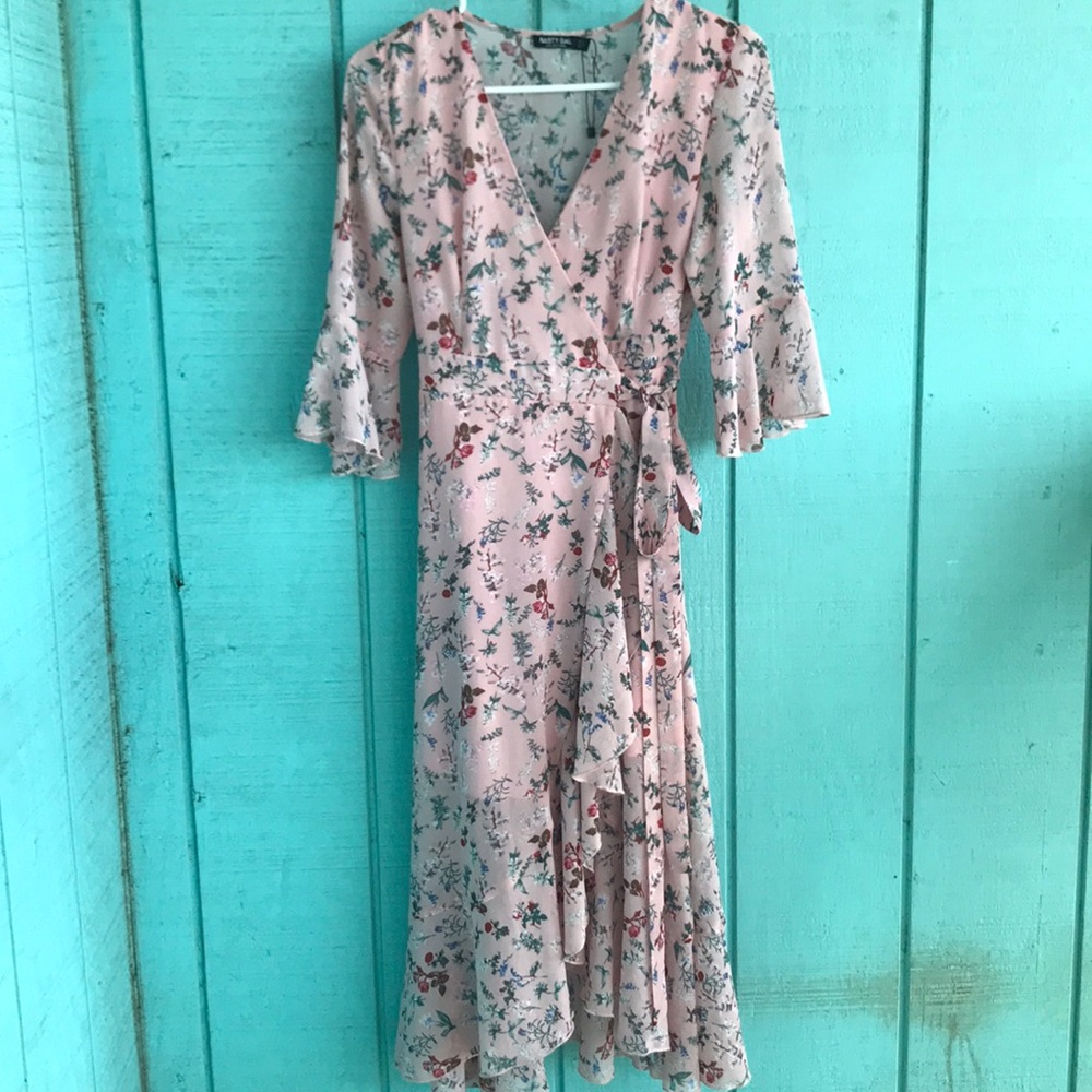 Pink Floral Asymmetrical Wrap Dress